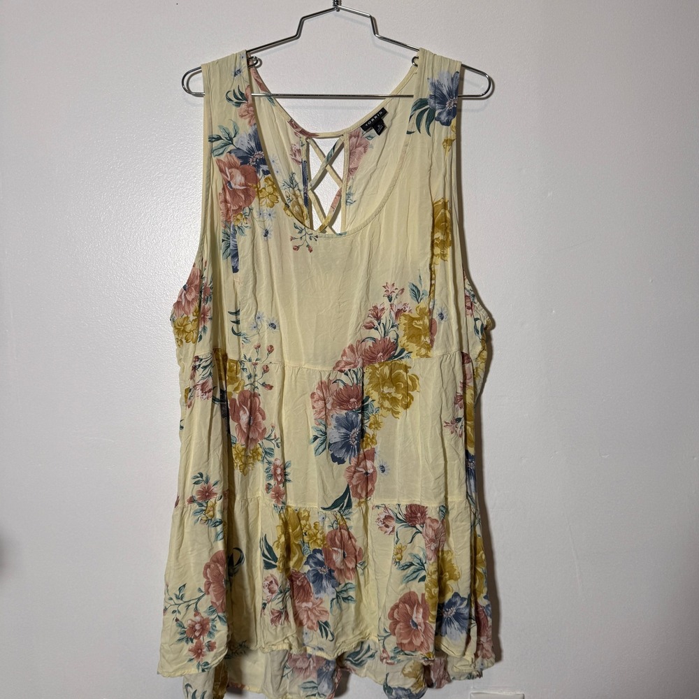 Torrid Tank Top Womens 5 Yellow Floral Tiered Lattice Back Babydoll